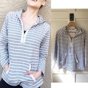 Anne Klein Sport white & navy nautical striped 1/4-zip, pouch pocket hoodie